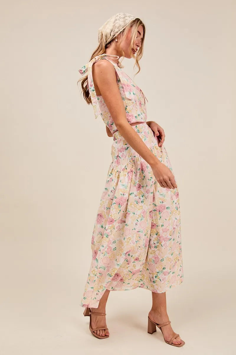 SO ME Floral Printed Woven Shoulder Bow Tie Top and Skirt Set - Sydney So Sweet