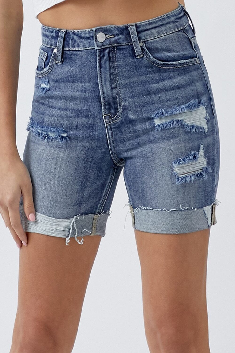 RISEN Full Size Distressed Rolled Denim Shorts with Pockets - Sydney So Sweet