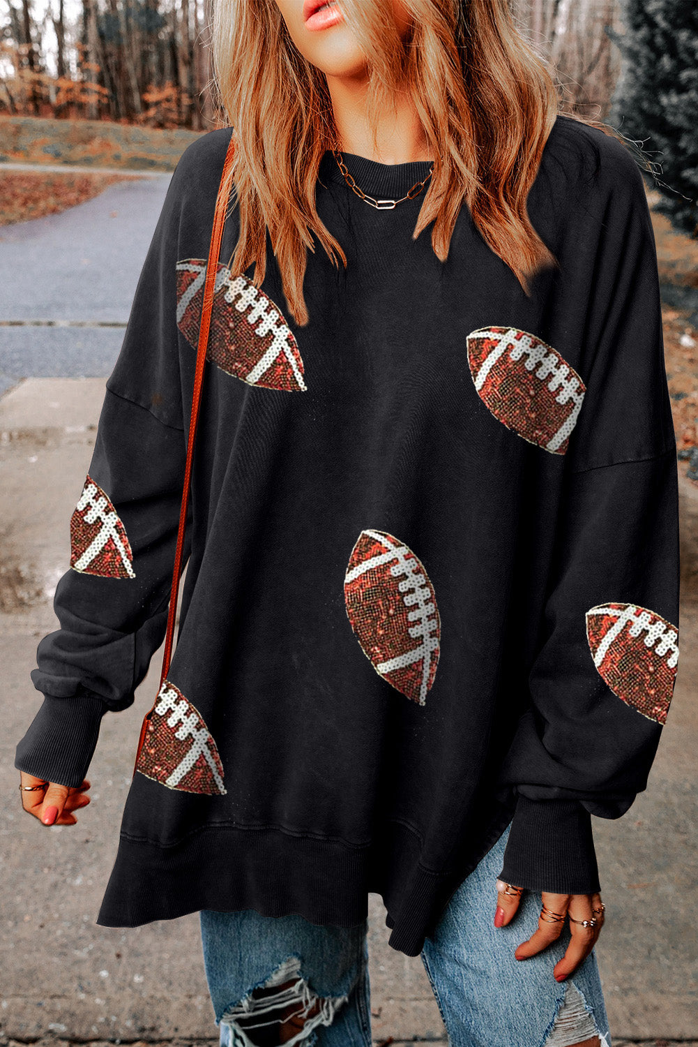 Sequin Football Patch Slit Sweatshirt - Sydney So Sweet