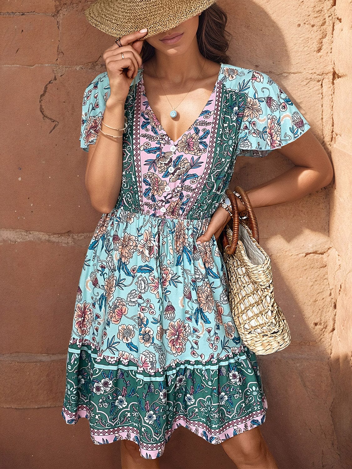 Printed V-Neck Flutter Sleeve Dress - Sydney So Sweet