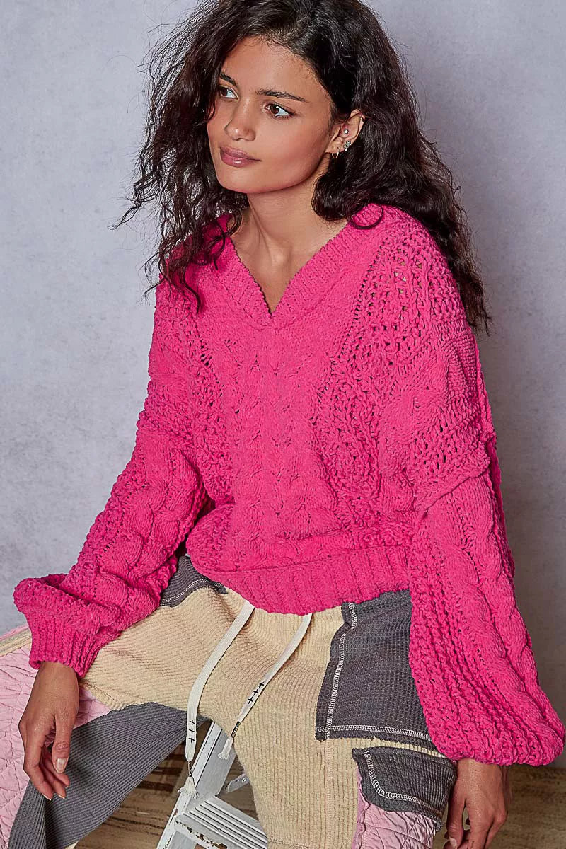 POL Cable-Knit Solid V-Neck Cropped Sweater - Sydney So Sweet