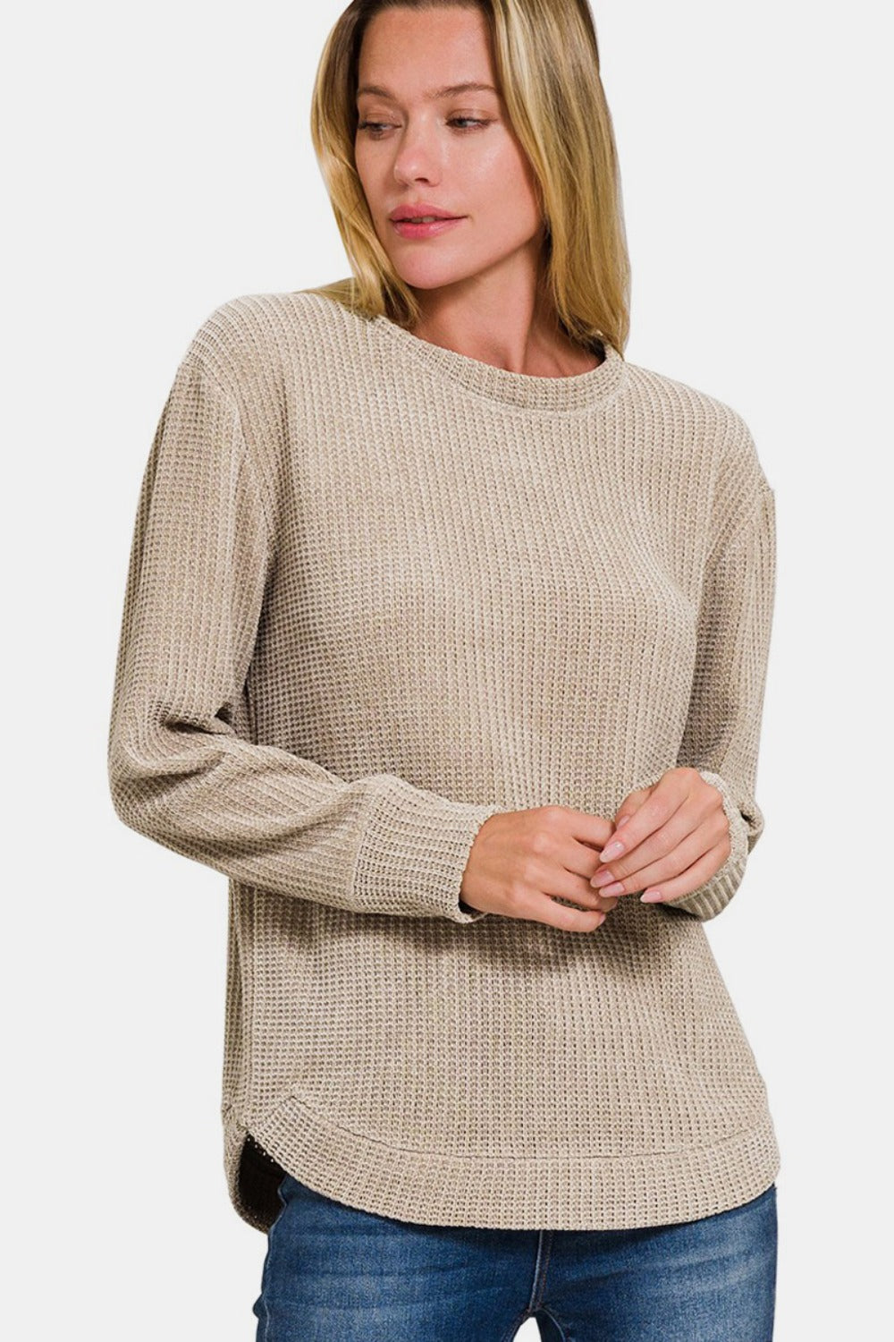 Zenana Chenille Waffle Round Neck Sweater - Sydney So Sweet