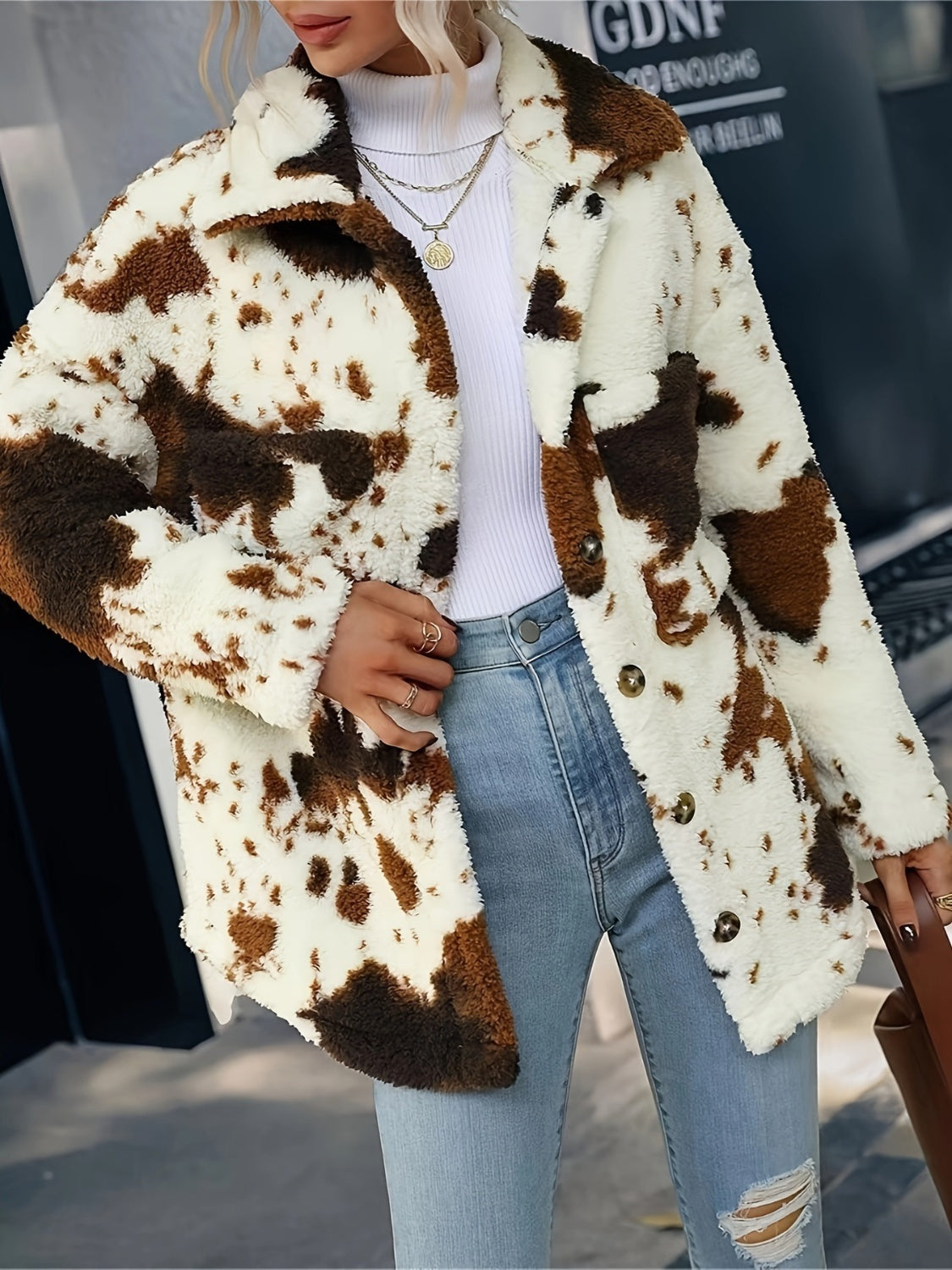 Cow Print Collared Neck Button Up Fuzzy Jacket - Sydney So Sweet