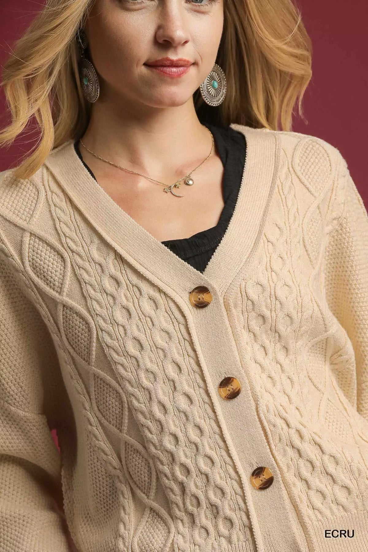 Umgee Chunky Cable Knit V-Neck Button-Up Cardigan - Sydney So Sweet