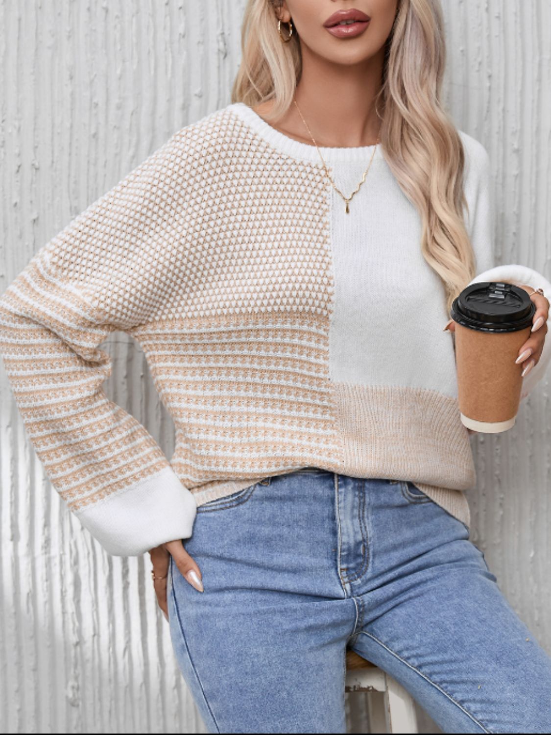 Contrast Round Neck Long Sleeve Sweater - Sydney So Sweet