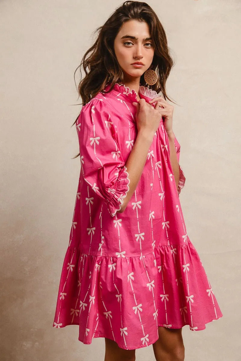 BiBi Ribbon Patterns With Scallops Edge Details Short Sleeve Dress - Sydney So Sweet