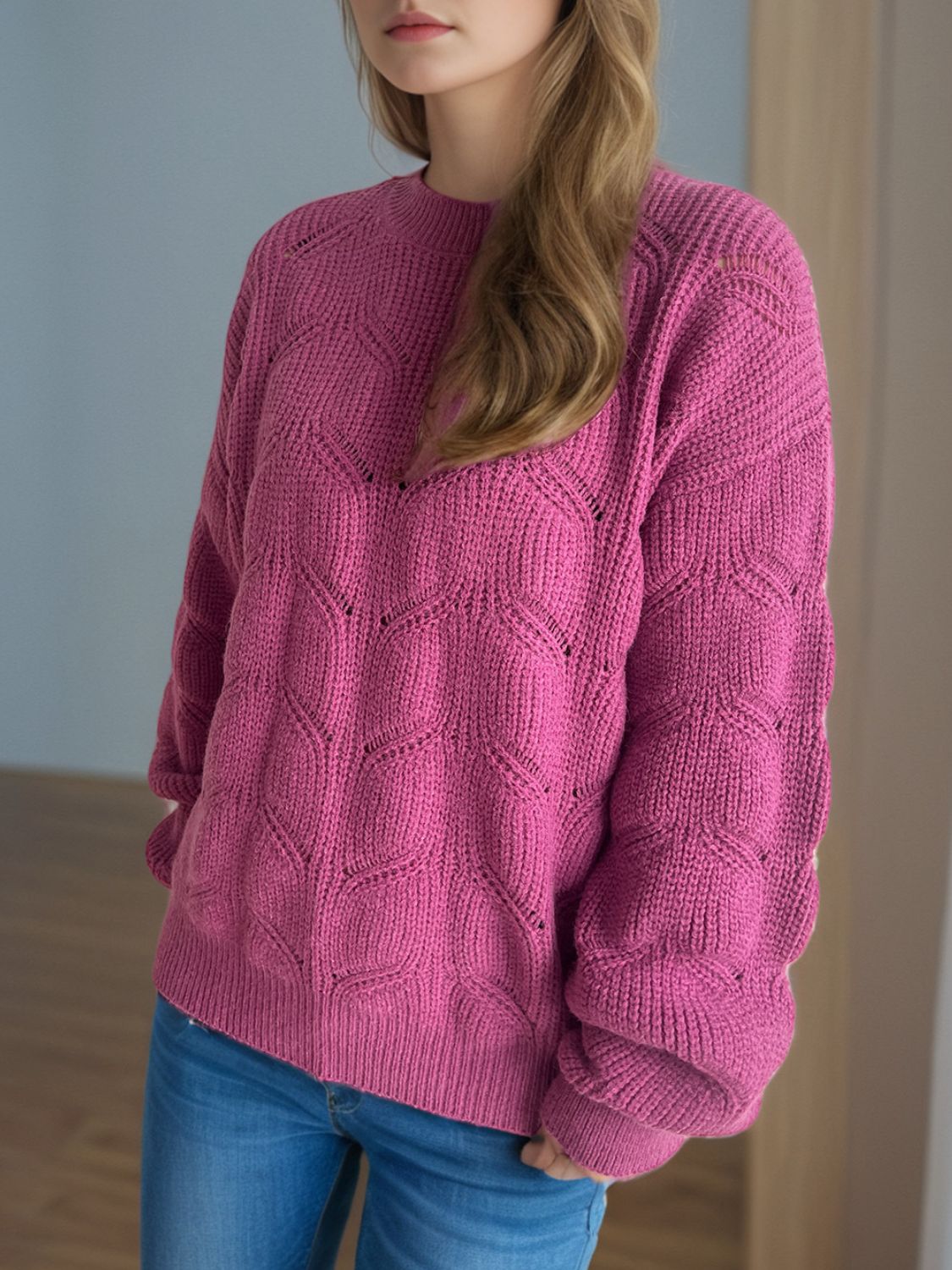 Openwork Round Neck Dropped Shoulder Sweater - Sydney So Sweet