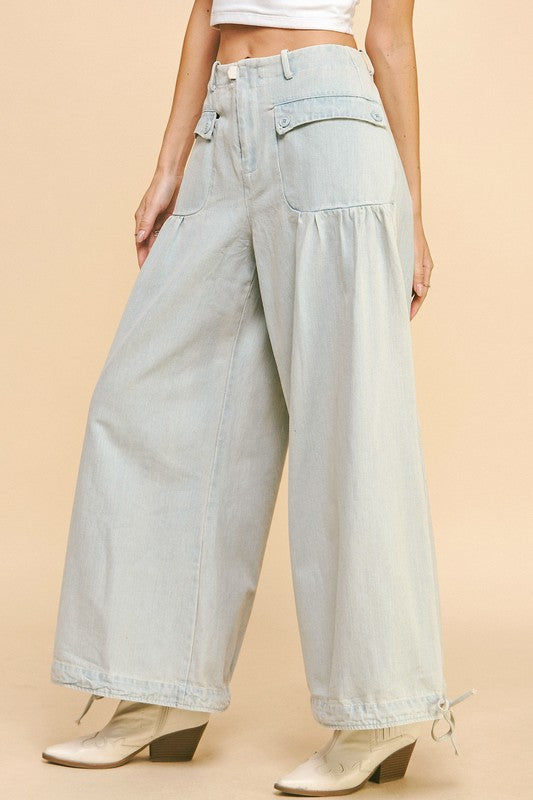 Davi & Dani Drawstring Hem Wide Leg Mid Rise Jeans - Sydney So Sweet