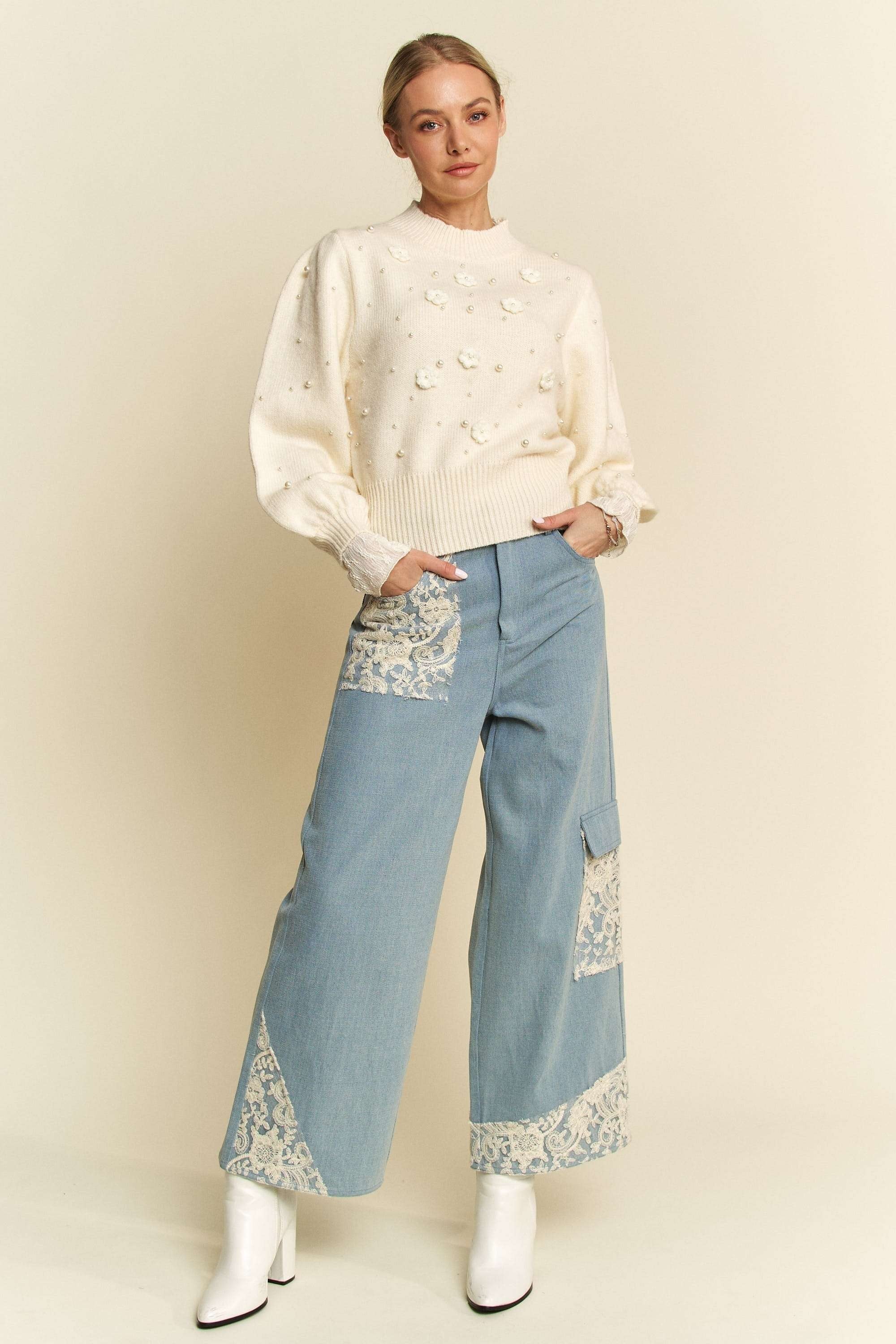 Davi & Dani Lace Applique Wide Leg Jeans - Sydney So Sweet