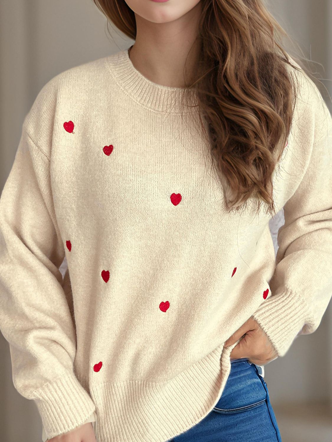 Heart Round Neck Long Sleeve Sweater - Sydney So Sweet