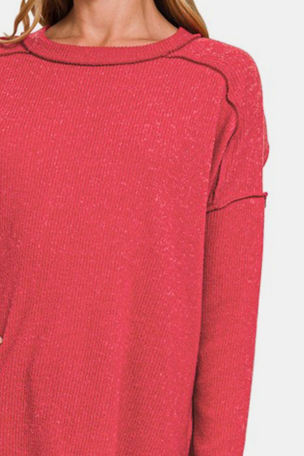 Zenana Full Size Exposed Seam Brushed Round Neck Sweater - Sydney So Sweet