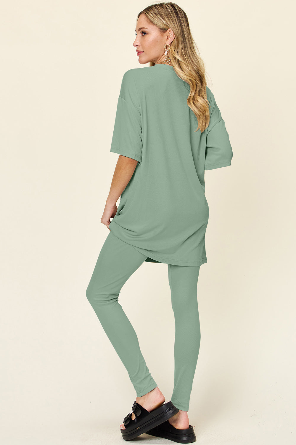 Double Take Full Size Round Neck Dropped Shoulder T-Shirt and Leggings Set - Sydney So Sweet