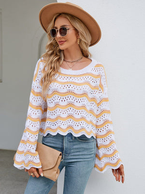 Round Neck Openwork Flare Sleeve Knit Top - Sydney So Sweet