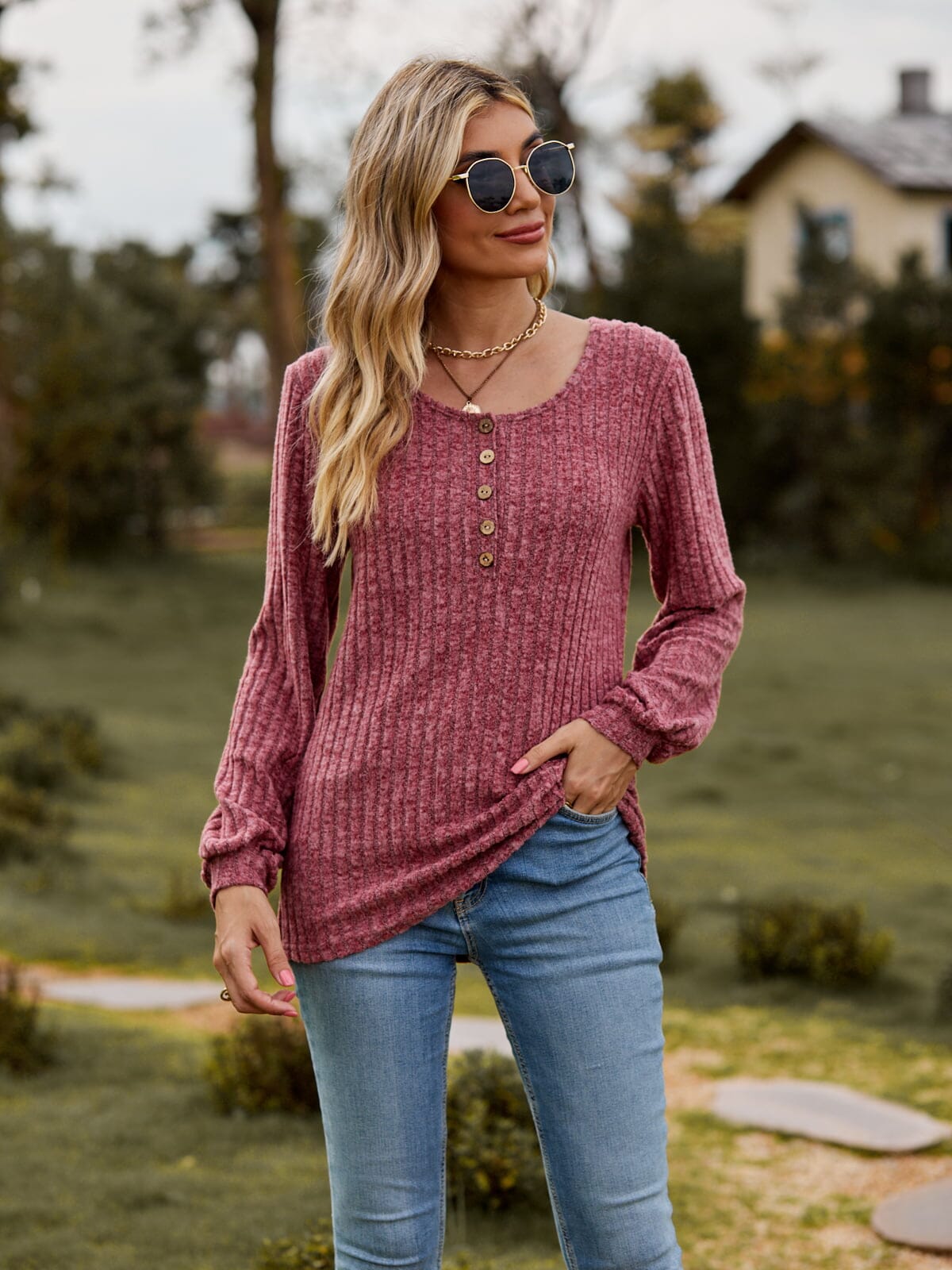 Round Neck Button-Down Long Sleeve Tee - Sydney So Sweet