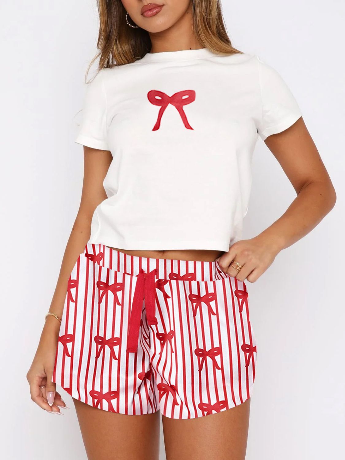 Printed Round Neck Short Sleeve Top and Drawstring Shorts Set - Sydney So Sweet