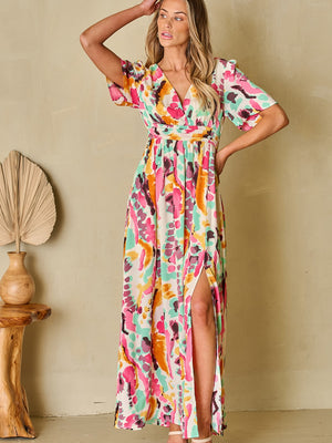 Slit Printed Surplice Short Sleeve Maxi Dress - Sydney So Sweet