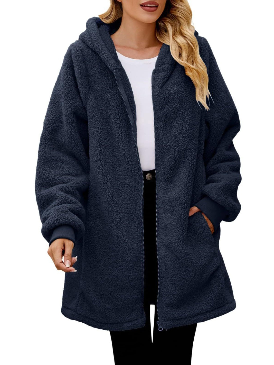 Fuzzy Pocketed Zip Up Long Sleeve Hooded Jacket - Sydney So Sweet