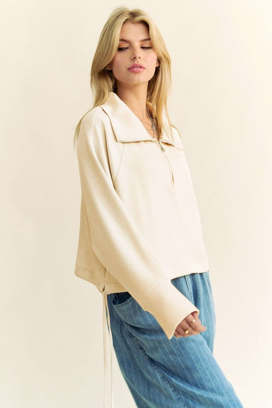 Davi & Dani Drawstring Hem Half Zip Raglan Sleeve Sweatshirt - Sydney So Sweet