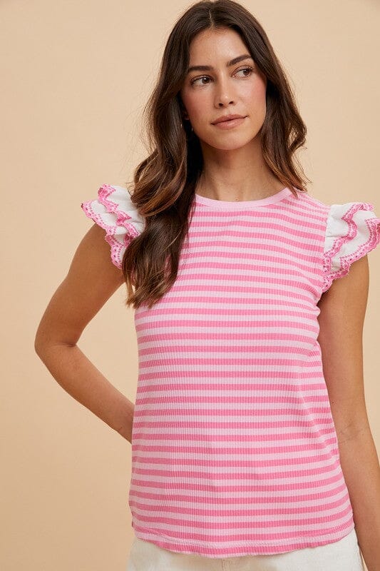 Annie Wear Ruffled Striped Round Neck Cap Sleeve Knit Top - Sydney So Sweet