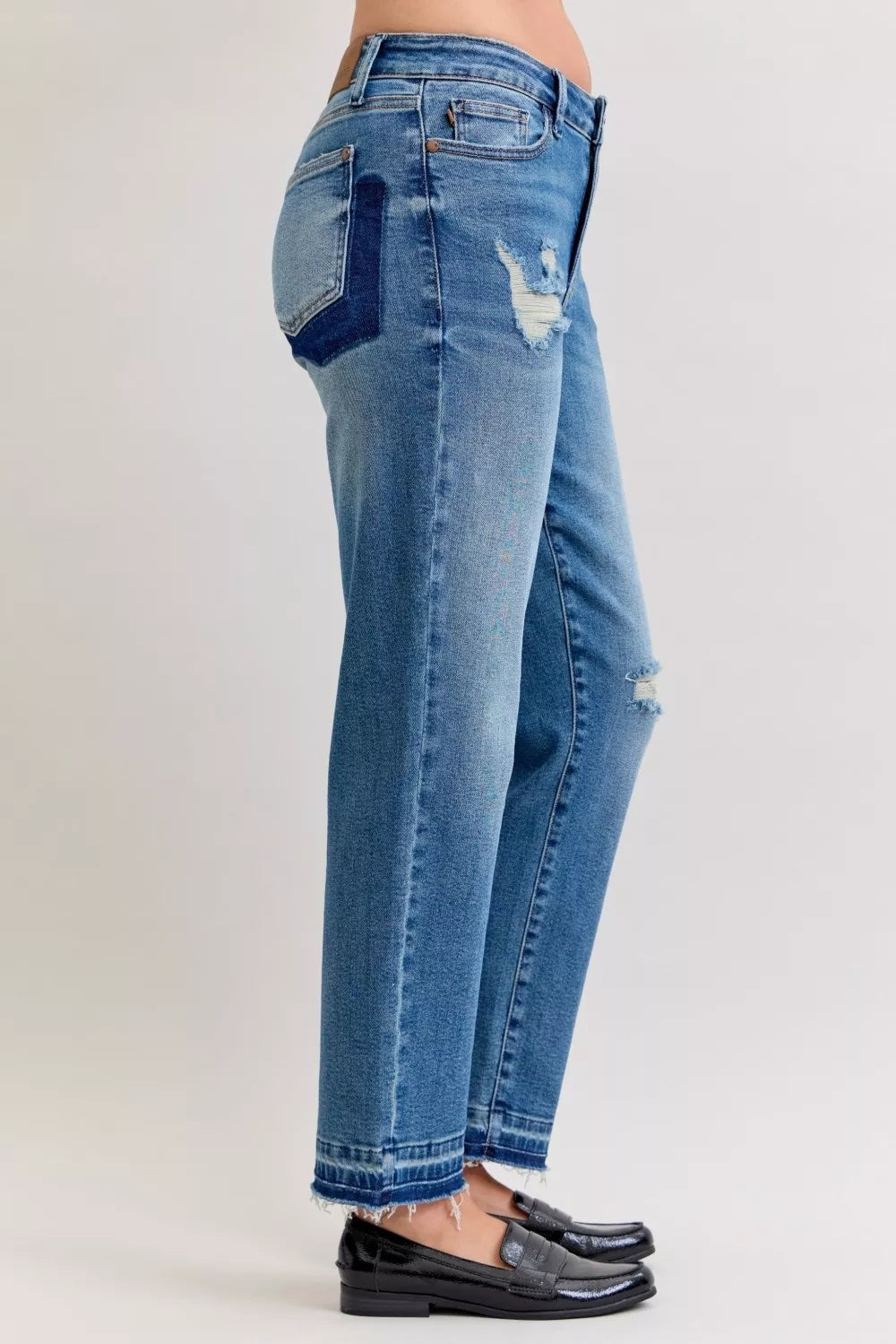 Judy Blue Full Size Mid Rise Bf Patch & Repair Destroy Release Hem Jeans Plus Size - Sydney So Sweet