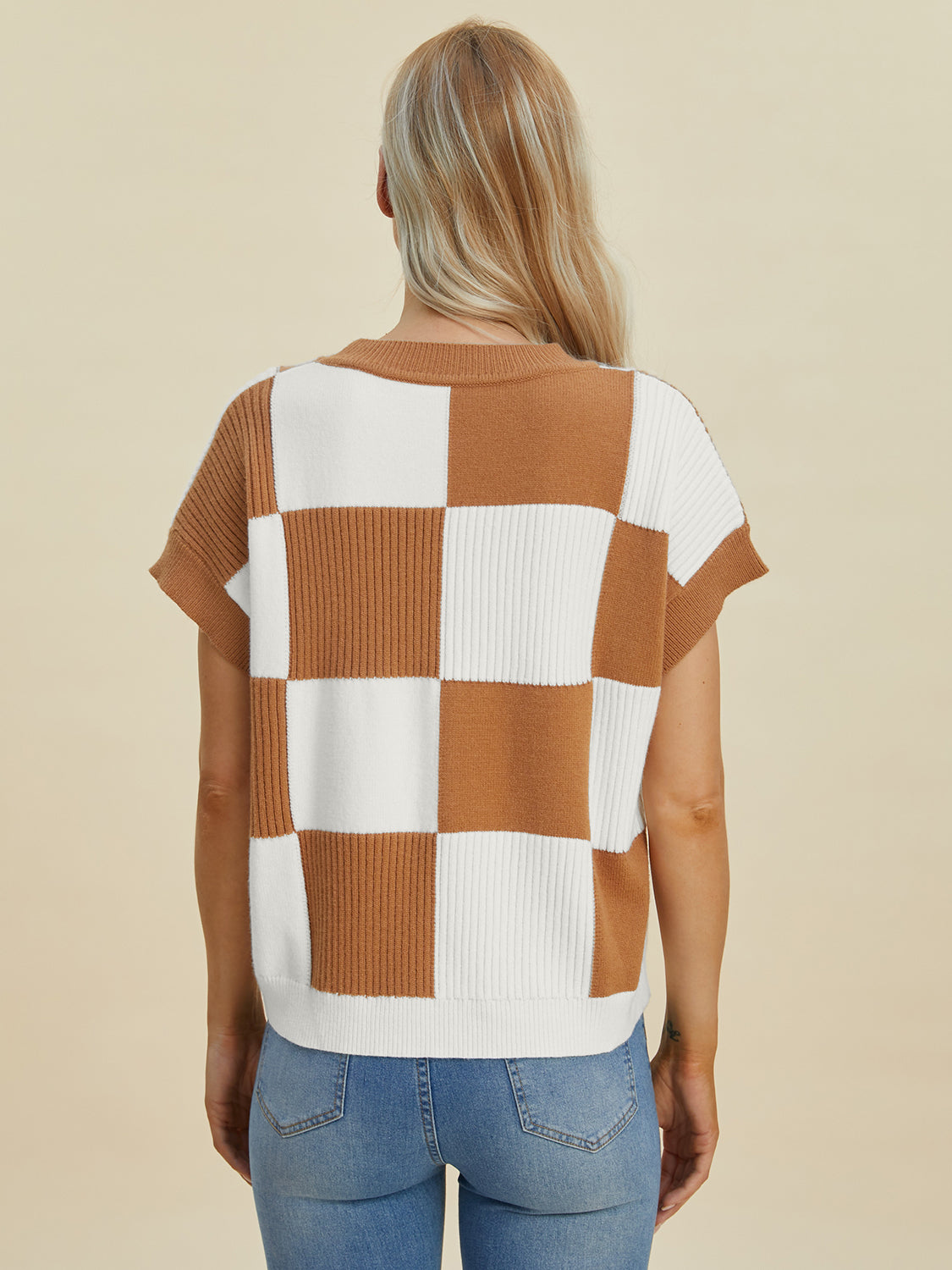 Double Take Full Size Checkered Round Neck Short Sleeve Sweater - Sydney So Sweet