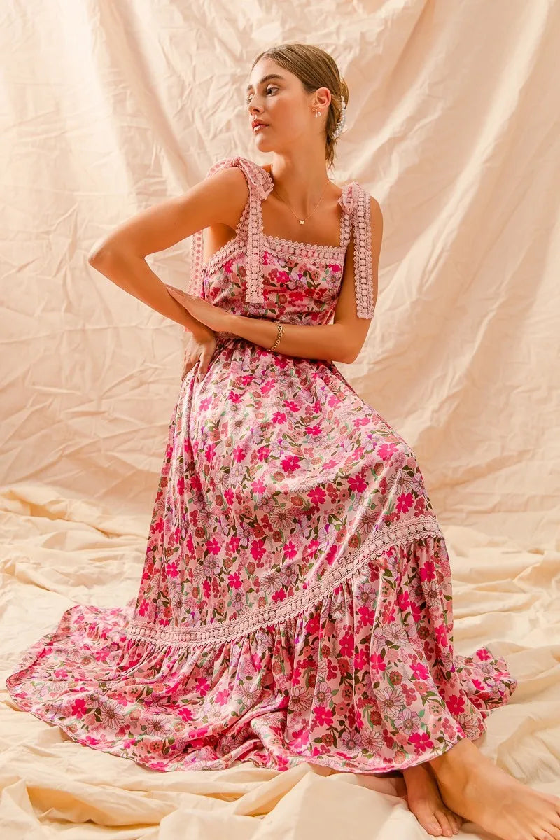 SO ME Floral Maxi Dress With Ribbon Tie Lace Strap - Sydney So Sweet