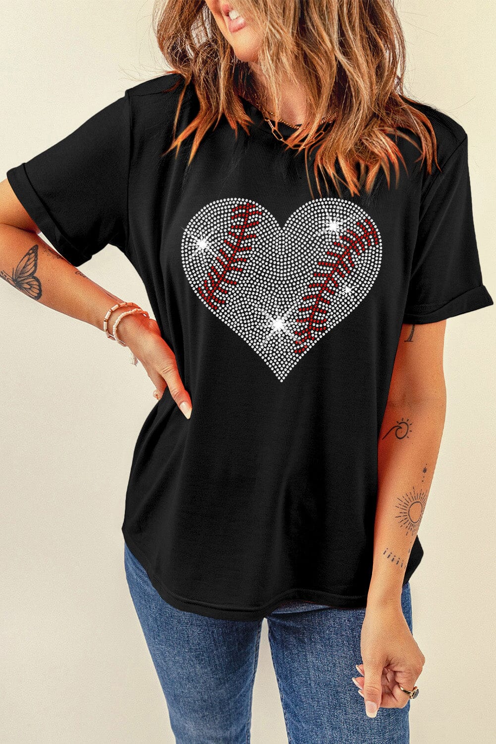 Rhinestone Heart Round Neck Short Sleeve T-Shirt - Sydney So Sweet