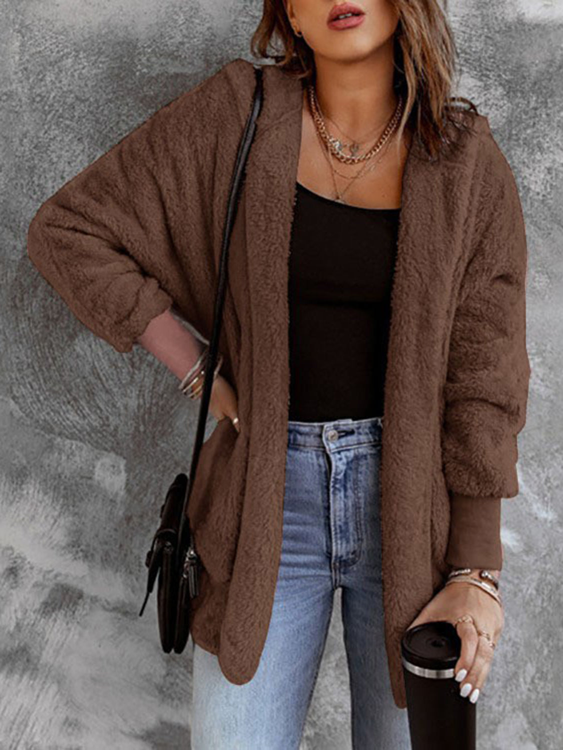 Open Front Hooded Faux Fur Cardigan with Pockets - Sydney So Sweet