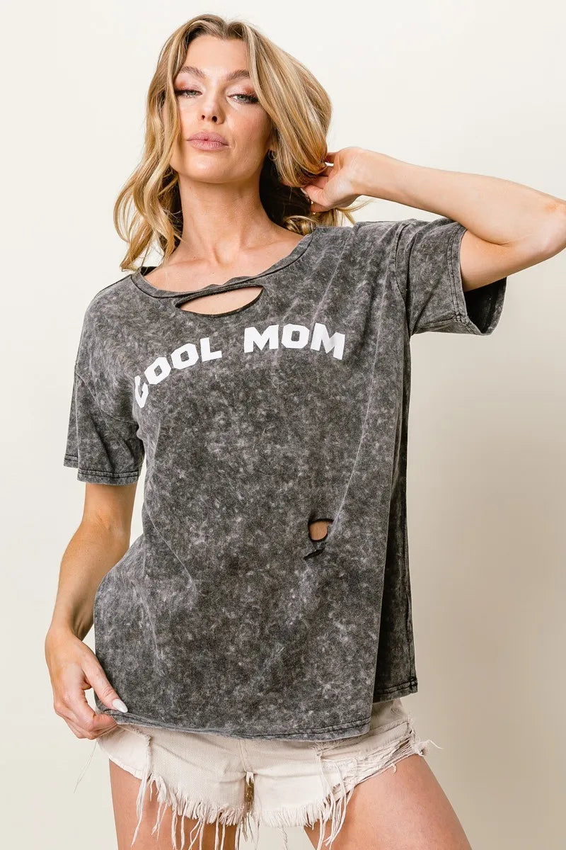 BiBi Washed Laser Cut Detail Cool Mom Print Top - Sydney So Sweet