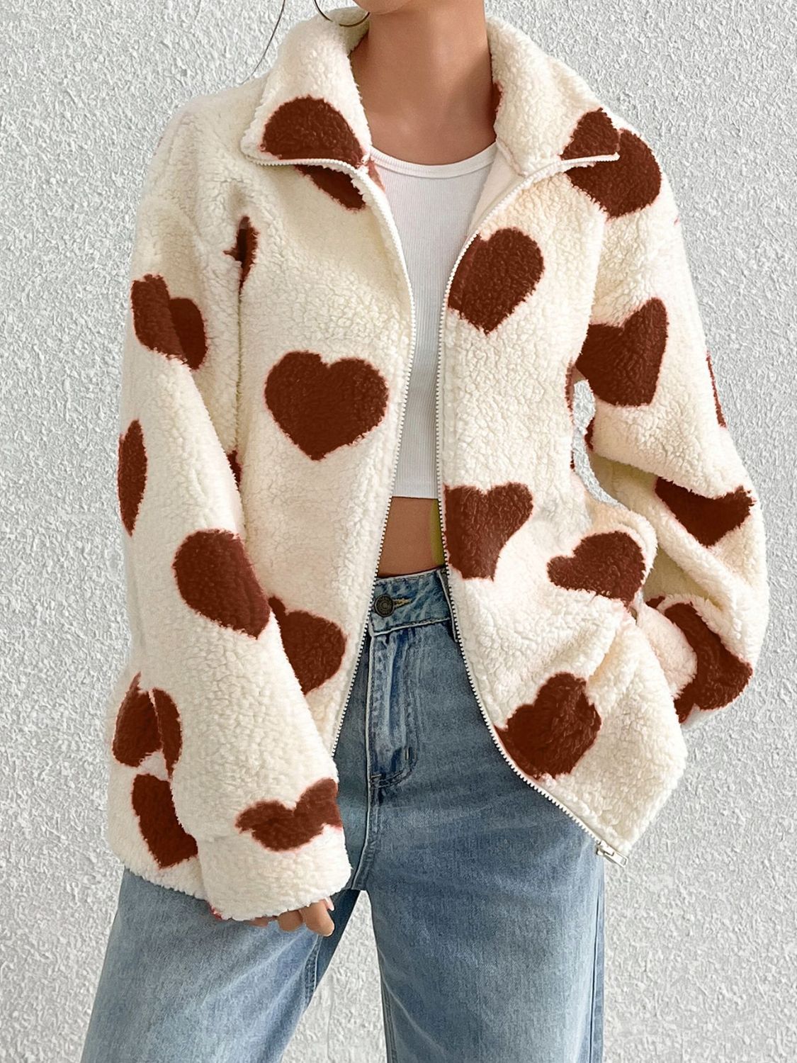 Heart Zip Up Drop Shoulder Furry Jacket - Sydney So Sweet