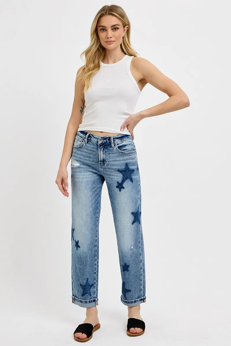 RISEN Full Size Mid Rise Boyfriend Star Shadow Detail Cuffed Jeans Plus Size - Sydney So Sweet