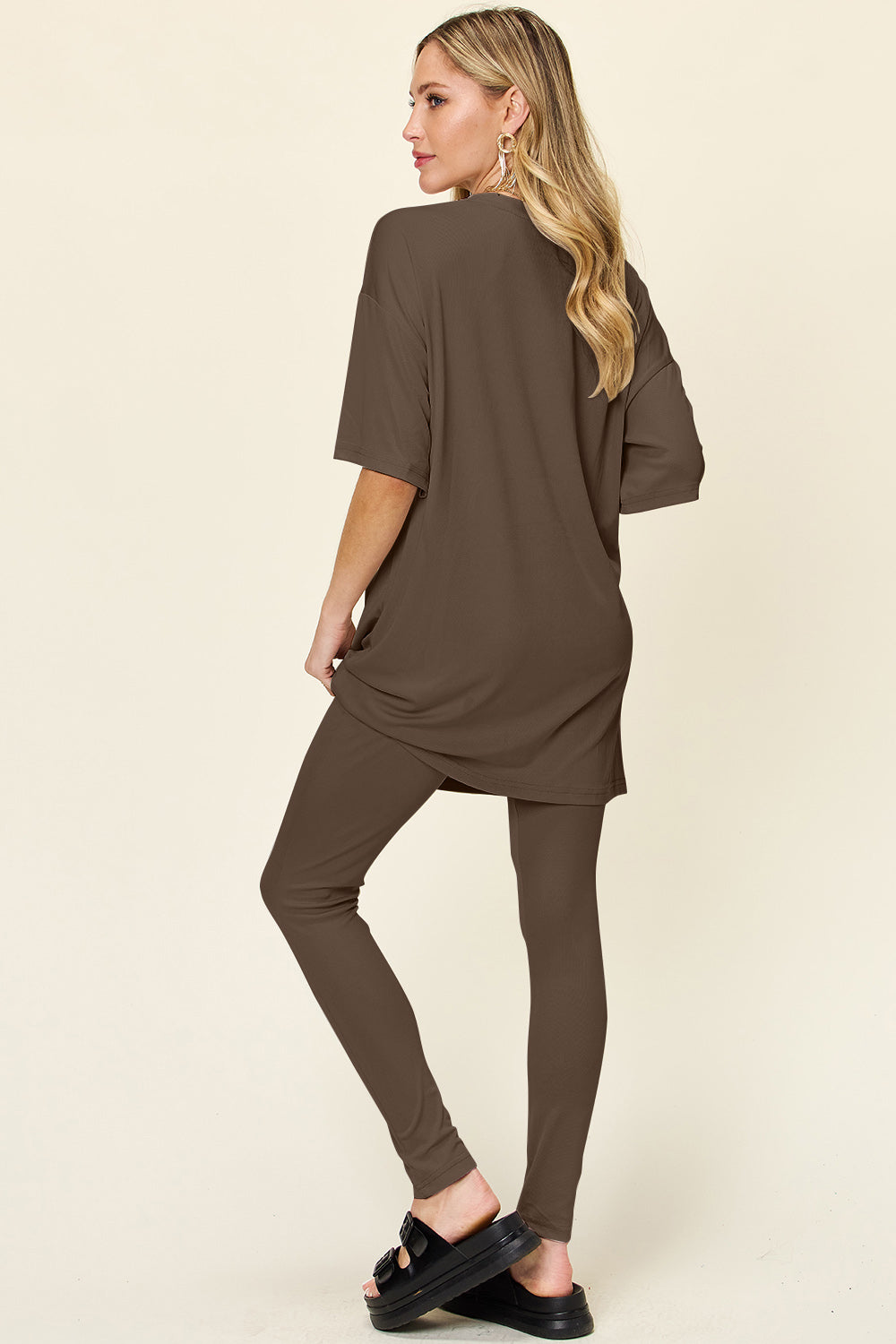 Double Take Full Size Round Neck Dropped Shoulder T-Shirt and Leggings Set - Sydney So Sweet