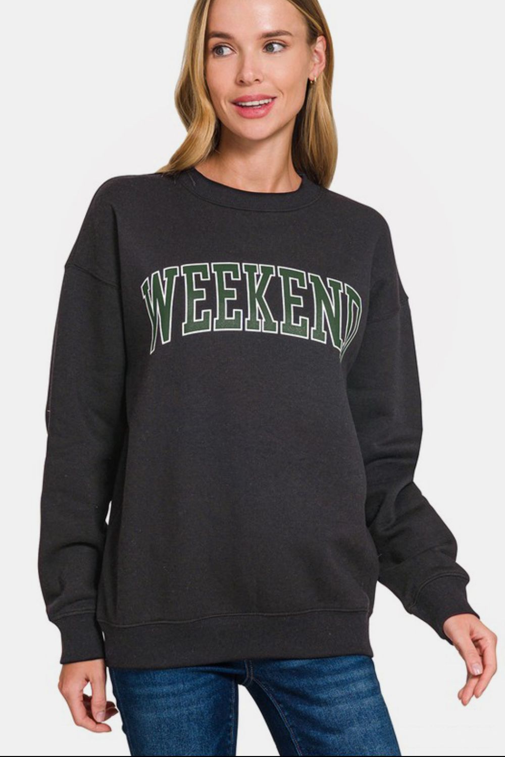 Zenana WEEKEND Round Neck Dropped Shoulder Sweatshirt - Sydney So Sweet