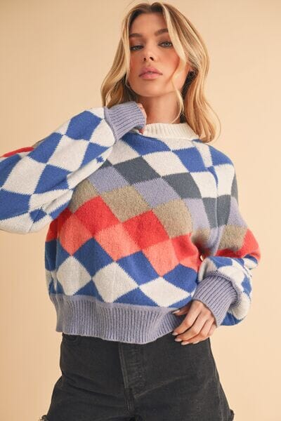 Aemi + Co Diamond Mock Neck Raglan Sleeve Sweater - Sydney So Sweet