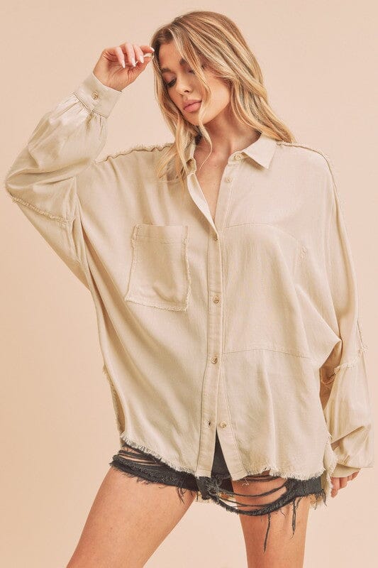 Aemi + Co Raw Edge Exposed Seam Collared Neck Long Sleeve Shirt - Sydney So Sweet