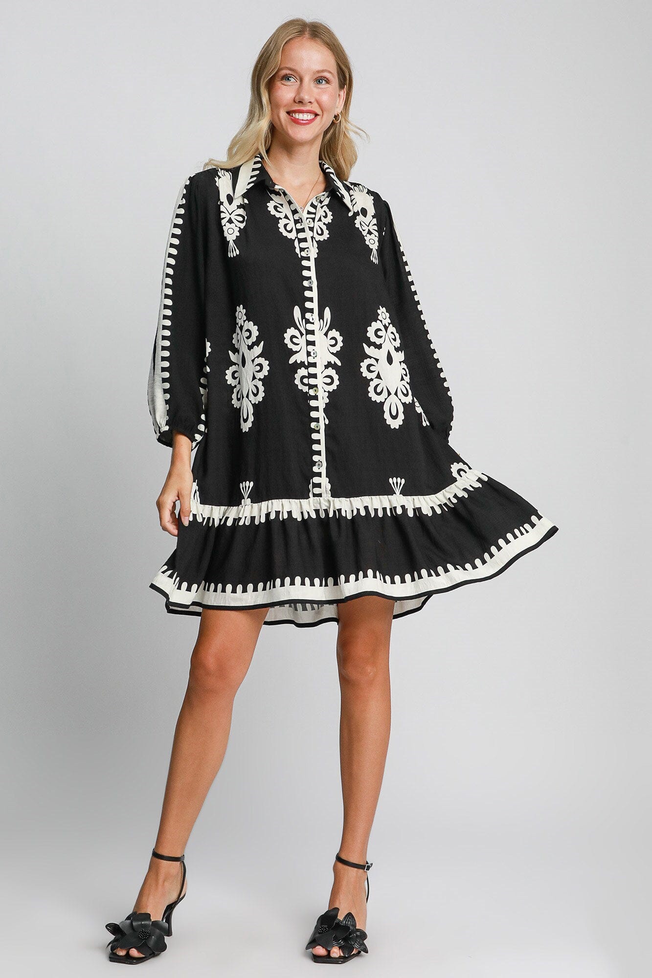 Umgee Border Print Button Down Ruffled Hem Dress - Sydney So Sweet