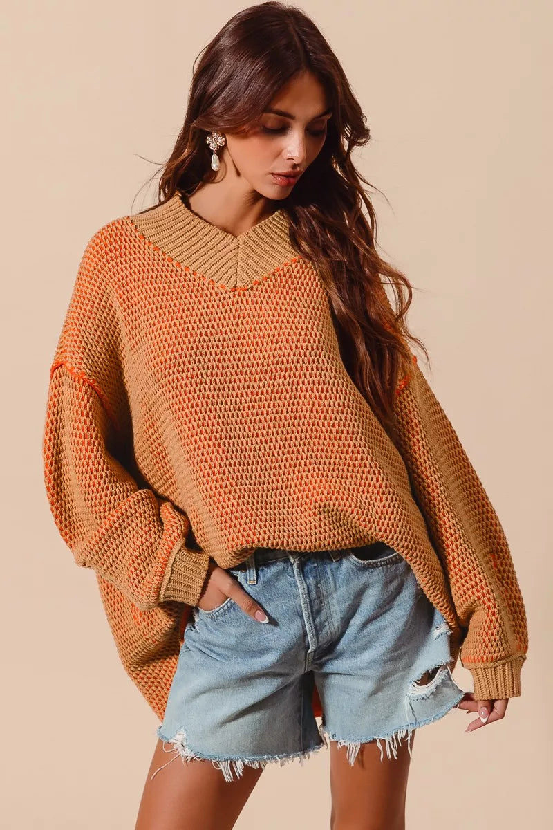 SO ME Oversized Two Tone Textured V Neck Sweater - Sydney So Sweet