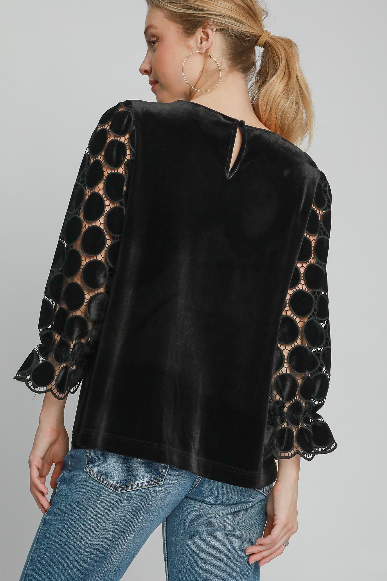 Umgee Polka Dot Lace Long Sleeve Round Neck Blouse - Sydney So Sweet