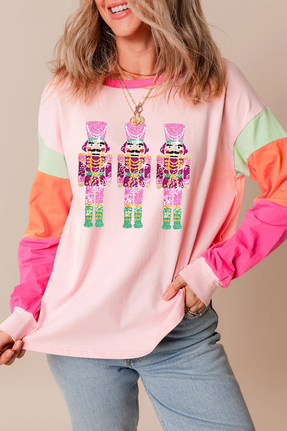 Sequin Nutcracker Round Neck Long Sleeve Top - Sydney So Sweet