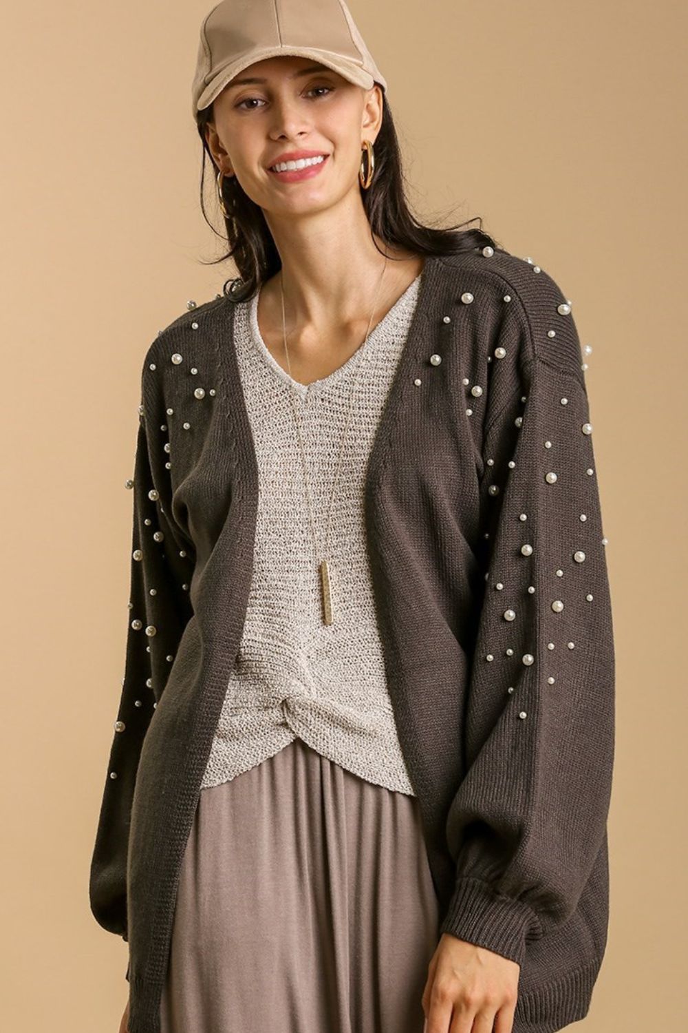Umgee Full Size Open Front Cardigan with Long Sleeve Pearl Details Plus Size - Sydney So Sweet