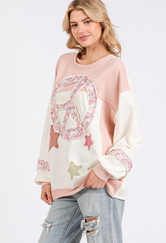 SAGE + FIG Peace & Star Patch Contrast Round Neck Sweatshirt - Sydney So Sweet