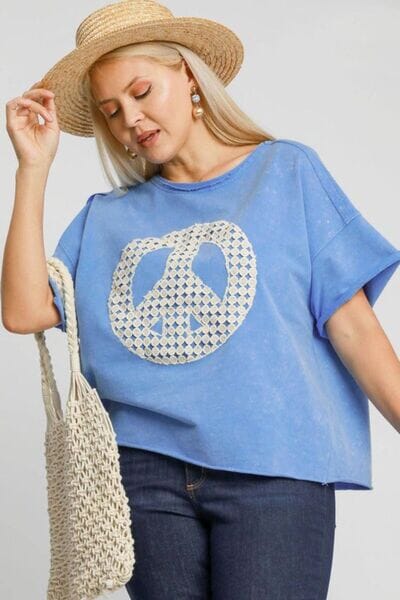Umgee Full Size Mineral Wash T-Shirt with Lace Applique Plus Size - Sydney So Sweet
