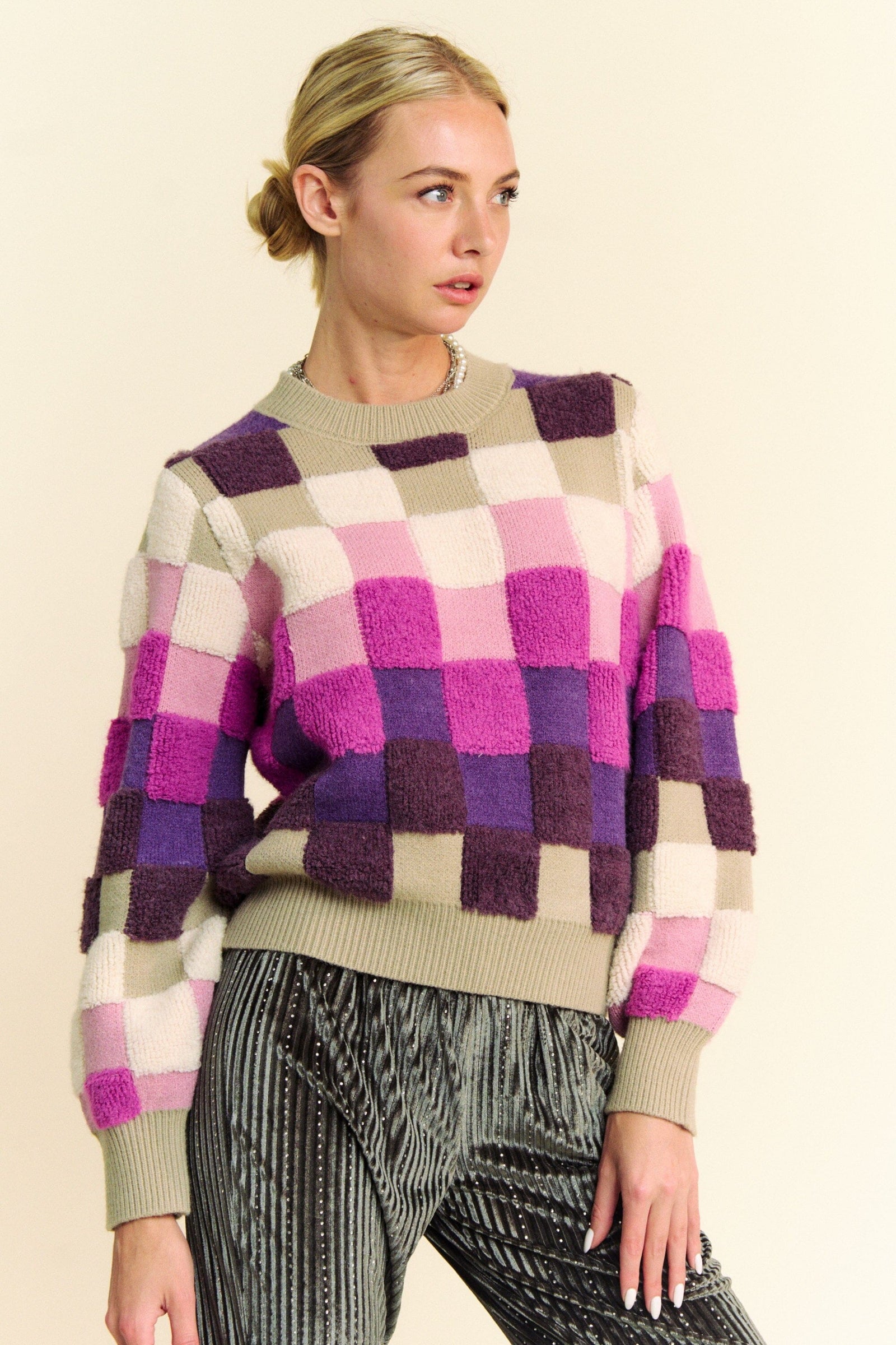Davi & Dani Checkered Round Neck Long Sleeve Sweater - Sydney So Sweet