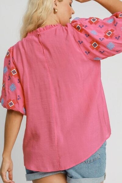 Umgee Full Size Embroidered Puff Sleeve Mock Neck Top Plus Size - Sydney So Sweet