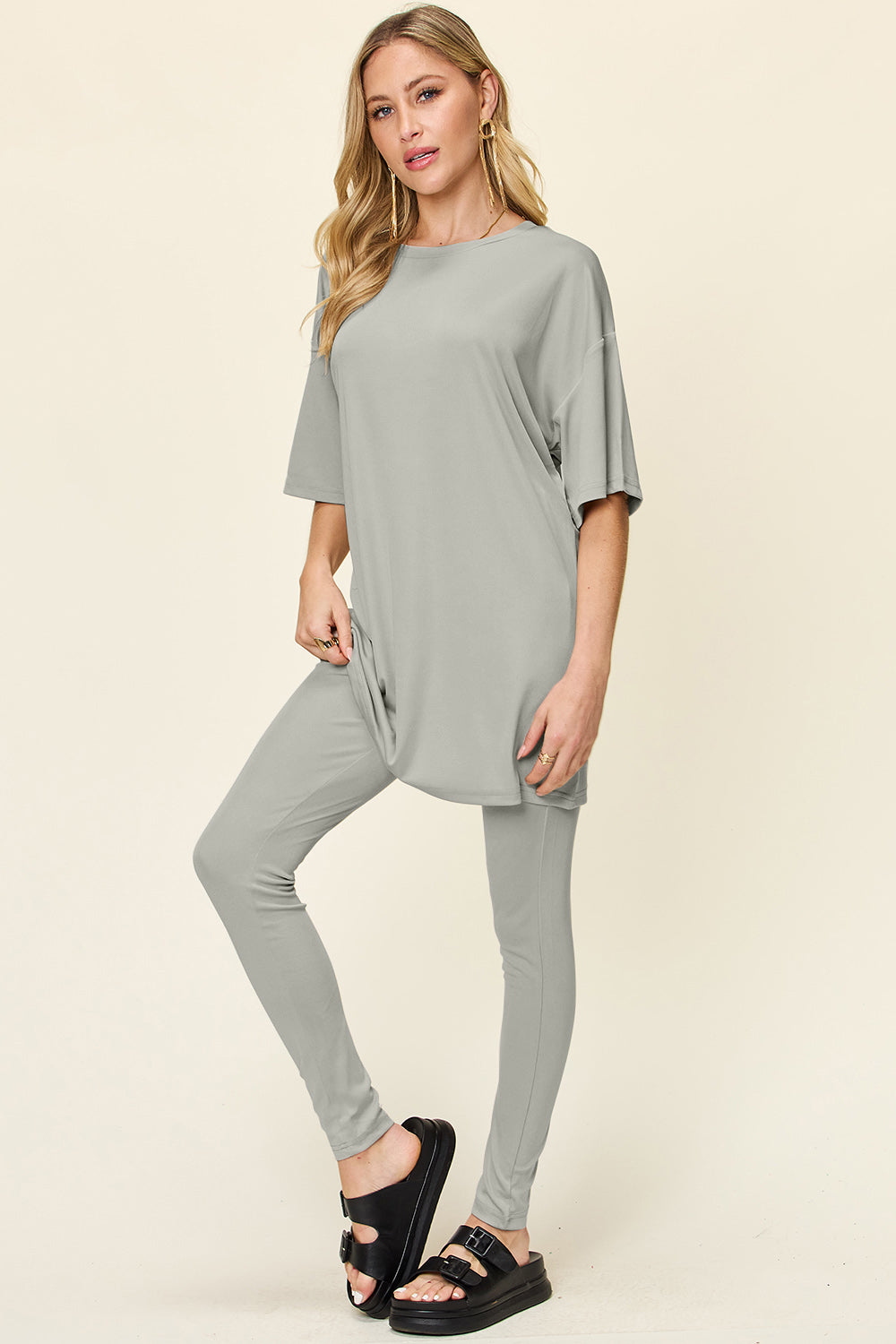 Double Take Full Size Round Neck Dropped Shoulder T-Shirt and Leggings Set - Sydney So Sweet