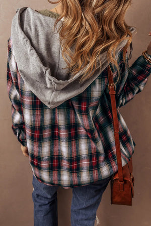 Drawstring Plaid Button Up Hooded Shacket - Sydney So Sweet