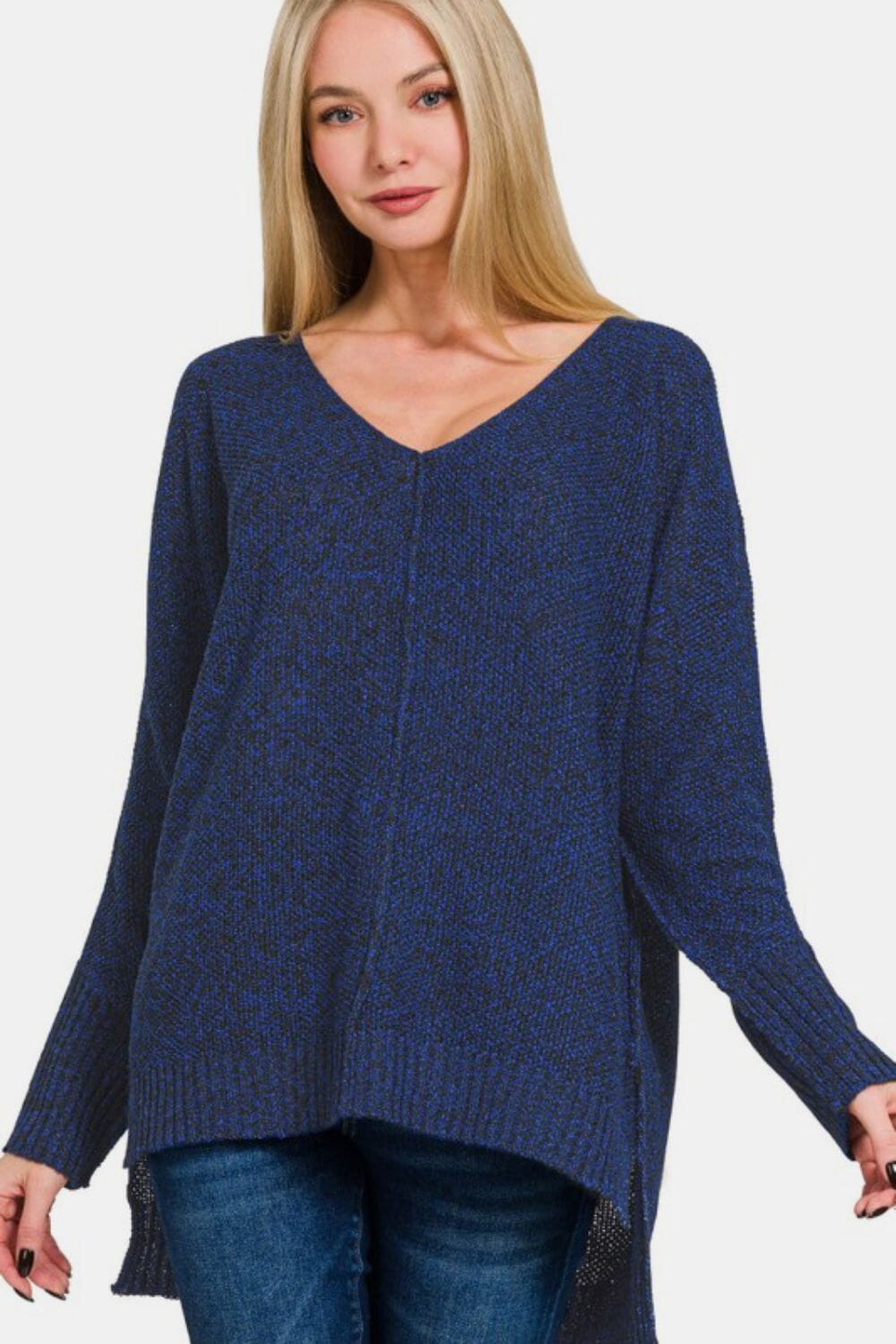 Zenana High-Low Center Seam V-Neck Sweater - Sydney So Sweet