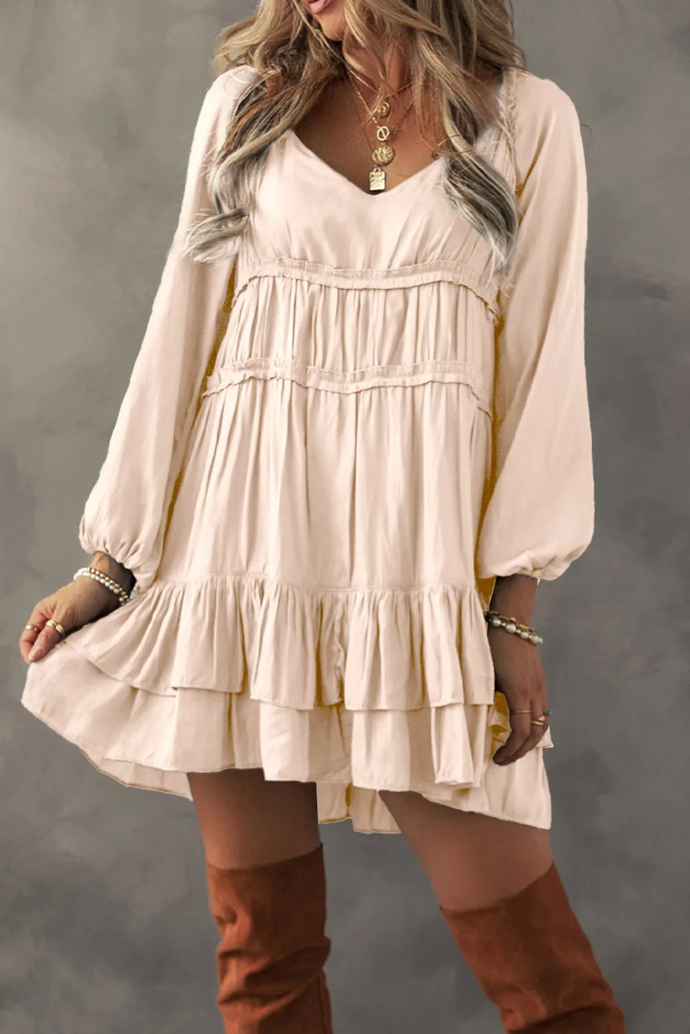 Frill Ruffled V-Neck Long Sleeve Mini Dress - Sydney So Sweet