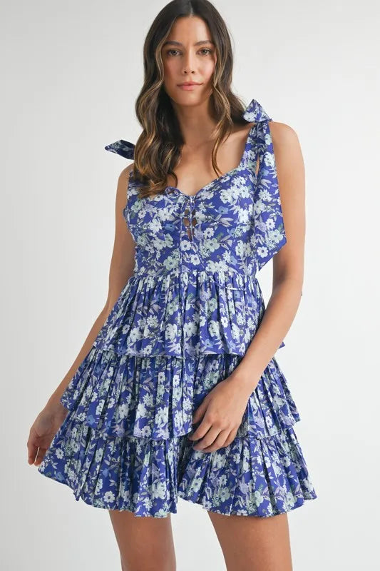MABLE Floral Print Shoulder Tie Layered Mini Dress - Sydney So Sweet