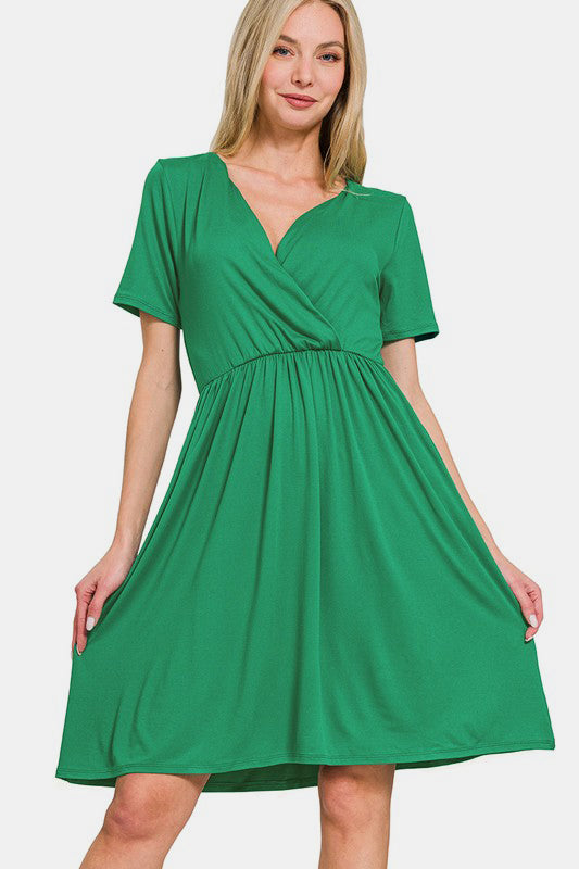 Zenana Surplice Short Sleeve Brushed DTY Dress - Sydney So Sweet